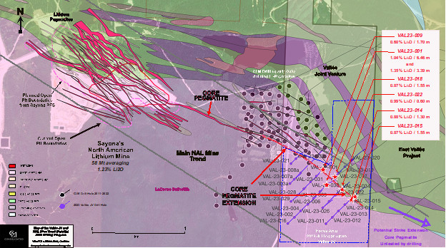Location of 2023 drilling on the Vallée JV & the NAL mine trend showing the core pegmatite expansion [historical drill hole, geology and showing information not described in this press release from the Government of Quebec website https://sigeom.mines.gouv.qc.ca/signet/classes/I1108_afchCarteIntr.]